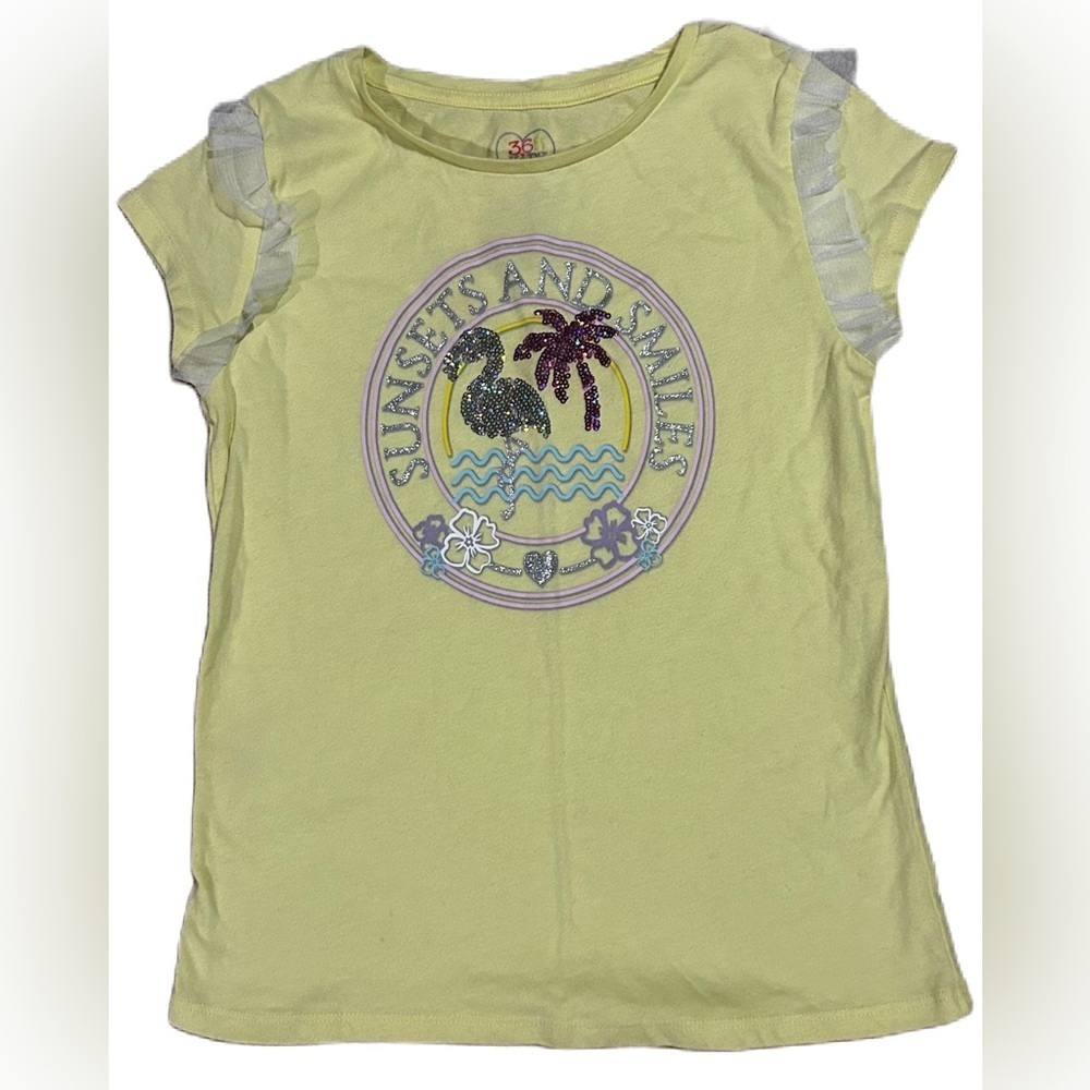 Garanimals Yellow T-Shirt with Glitter Flamingo and Palm Design with Lace Trim